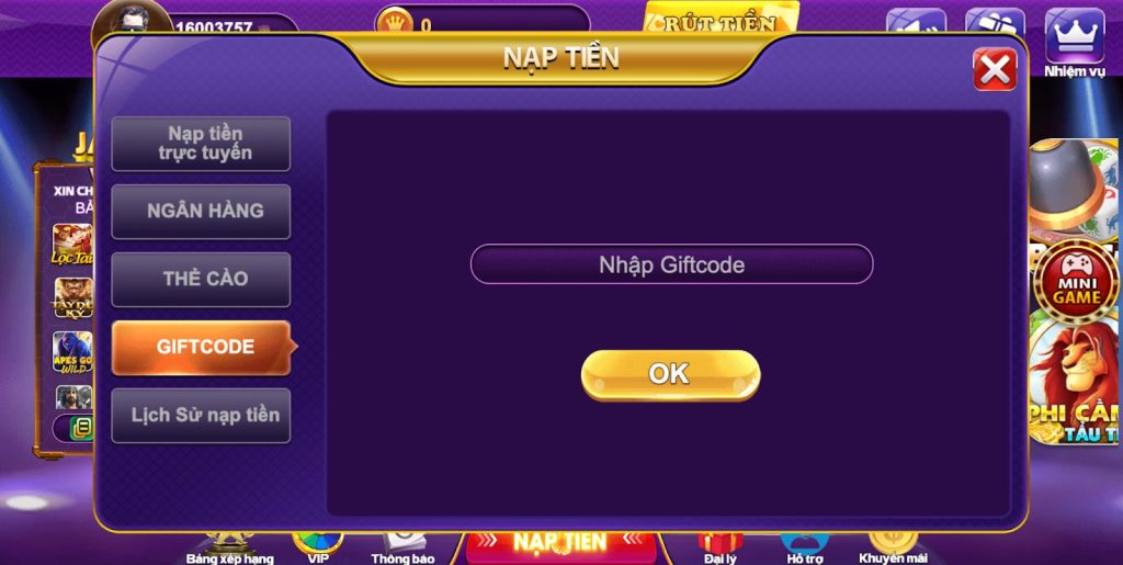 Nạp tiền 68 game bài với đầy đủ các phương thức 7 Giao diện nạp tiền bằng phương thức Giftcode